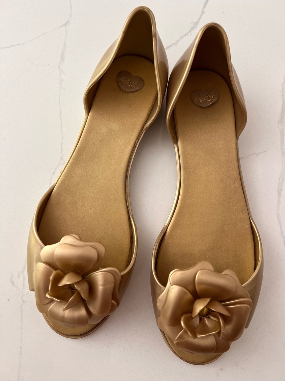 Mel by Melissa Jelly Flats Peep Toe With Flower Gold Size US 7 EU 38